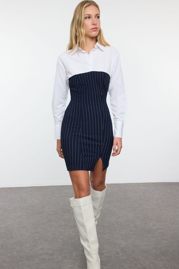 Trendyol Trendyol Navy Blue Striped Woven Garnish Color Block Bodycone/Fits Knit Dress