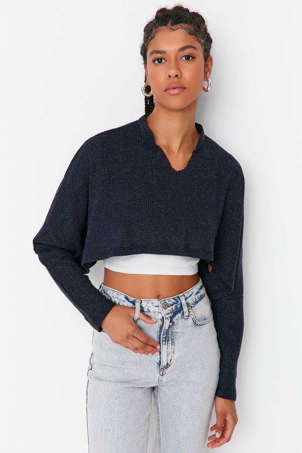 Trendyol Trendyol Navy Blue Super Crop Long Sleeve Knitted Knitted Blouse