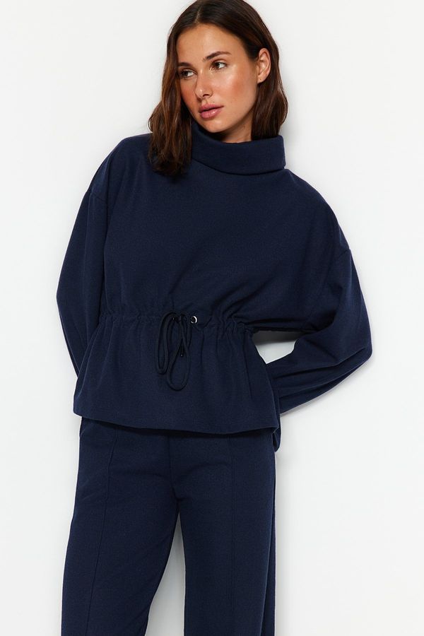 Trendyol Trendyol Navy Blue Thessaloniki/Knitwear Look, Standing Collar with Smocking, Regular Fit, and Knitted Sweatshirt