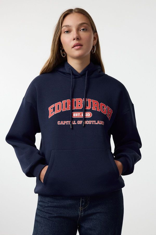 Trendyol Trendyol Navy Blue Thick Fleece City Printed Oversize/Wide Fit Knitted Sweatshirt