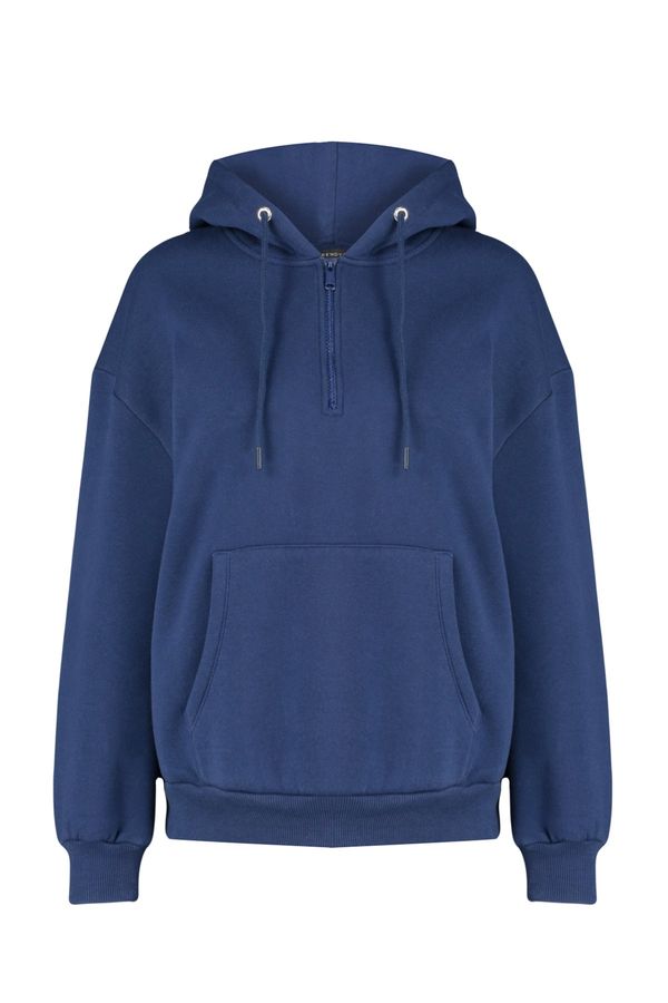 Trendyol Trendyol Navy Blue Thick Fleece Hooded and Zippered Basic Oversized Knitted Sweatshirt