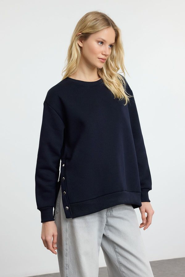 Trendyol Trendyol Navy Blue Thick Polar Fleece Inside Snap Detail Relaxed/Comfortable Cut Knitted Sweatshirt