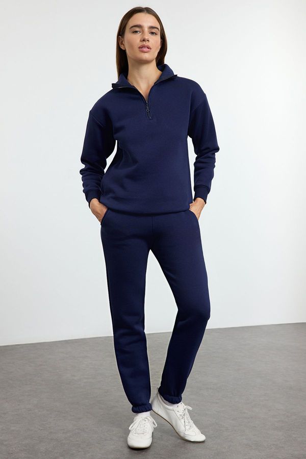 Trendyol Trendyol Navy Blue Thick Polar Fleece Zippered Stand Collar Jogger Knitted Tracksuit