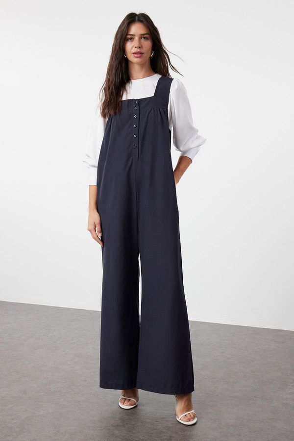 Trendyol Trendyol Navy Blue Thick Strap Button Detailed Wide Leg Woven Jumpsuit