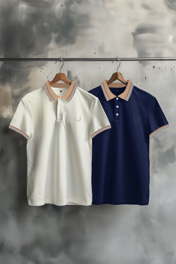 Trendyol Trendyol Navy Blue-White 2 Pack Slim/Narrow Cut Deer Embroidered 100% Cotton Polo Neck T-Shirt