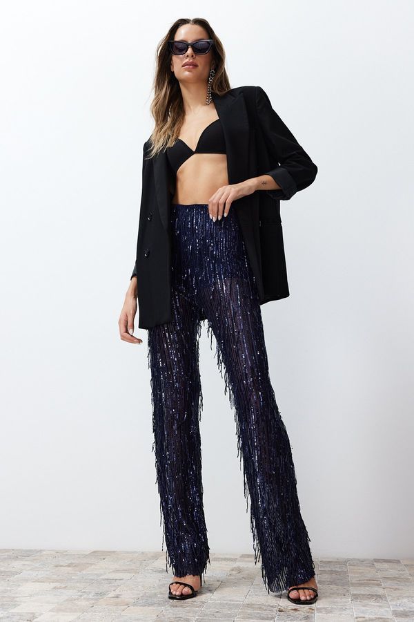 Trendyol Trendyol Navy Blue Wide Leg Sequined Knitted Trousers