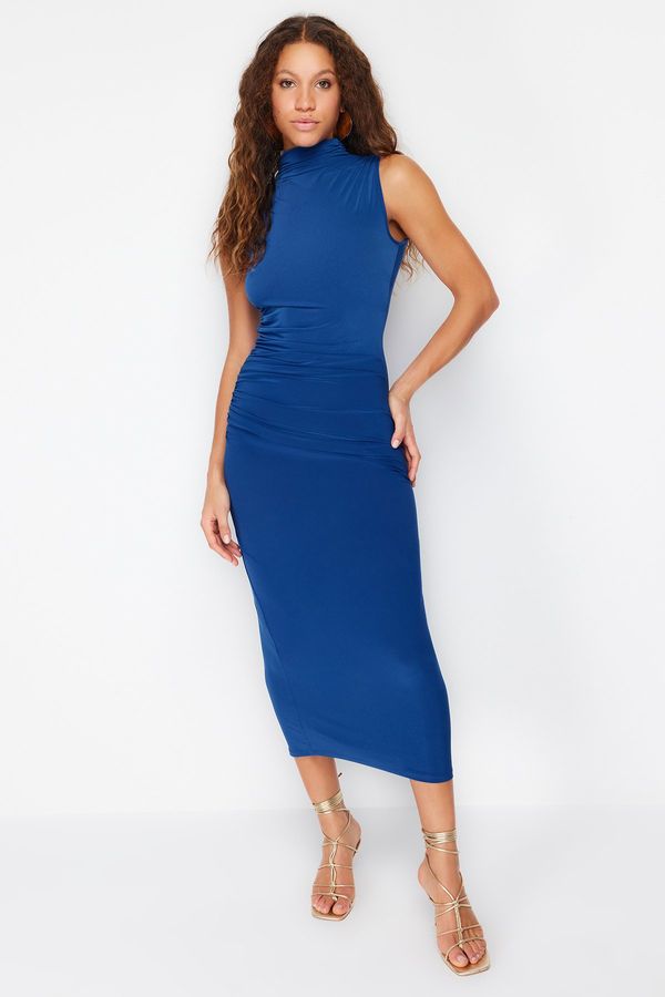 Trendyol Trendyol Navy Blue Zero Sleeve Draped Bodycone/Fitted Knitted Maxi Dress