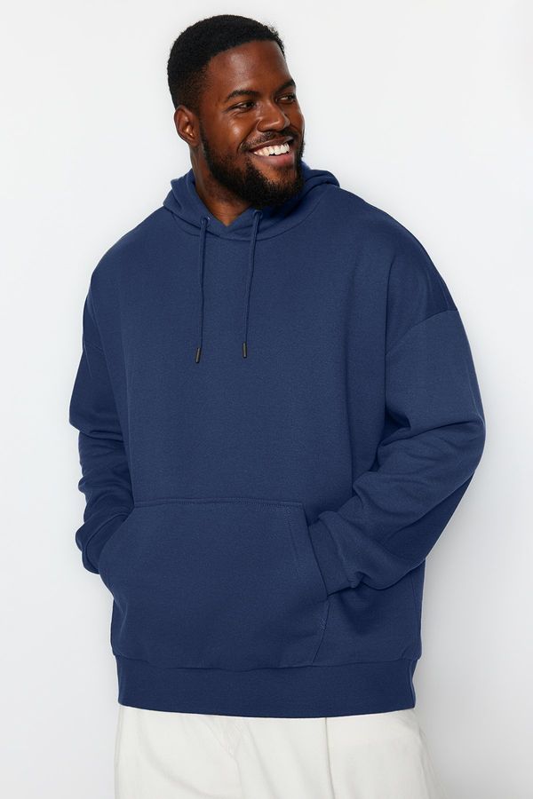 Trendyol Trendyol Navy Plus Size Oversize/Wide-Fit Hooded Fleece Cotton Sweatshirt