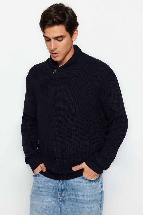 Trendyol Trendyol Navy Regular Fit Shawl Collar Buttoned Knitwear Sweater