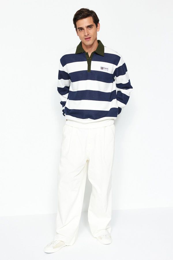 Trendyol Trendyol Navy Regular/Regular Fit Polo Neck Striped Fleece Inside Cotton Sweatshirt