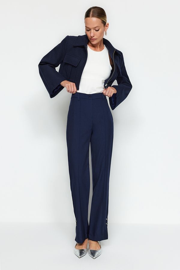 Trendyol Trendyol Navy Straight/Straight Fit Woven Cuff Loop Detail Ribbed Trousers