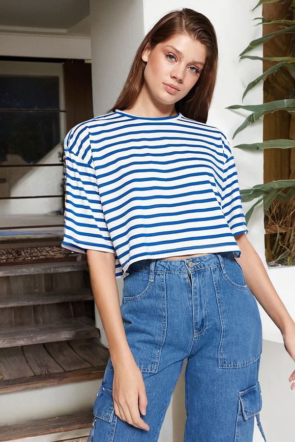 Trendyol Trendyol Navy Striped Relaxed/Wide Comfortable Cut Crop Crew Neck Knitted T-Shirt