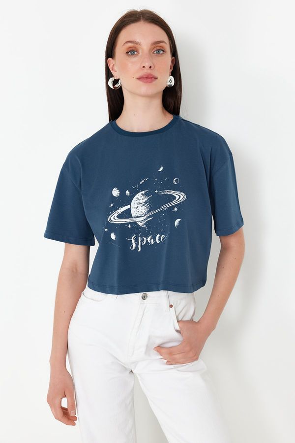 Trendyol Trendyol Oil 100% Cotton Planet Printed Relaxed/Comfortable Fit Crop Knitted T-Shirt