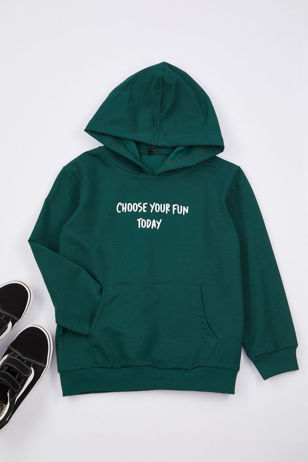 Trendyol Trendyol Oil Boy Slogan Patterned Hooded Knitted Sweatshirt