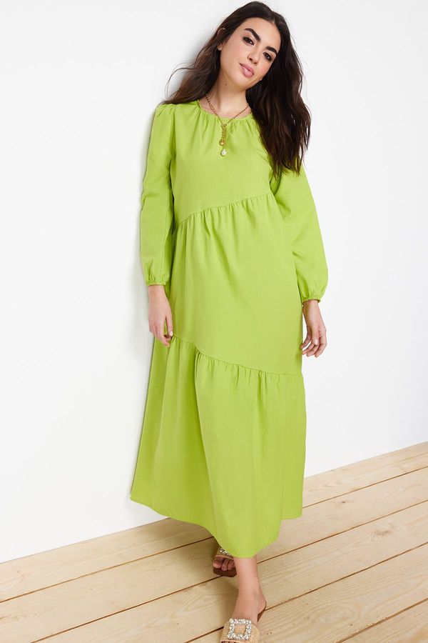 Trendyol Trendyol Oil Green Gathered Detailed Cotton Wide Fit Woven Dress