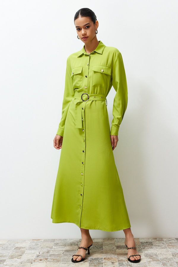 Trendyol Trendyol Oil Green Gold Button Detailed Woven Shirt Dress