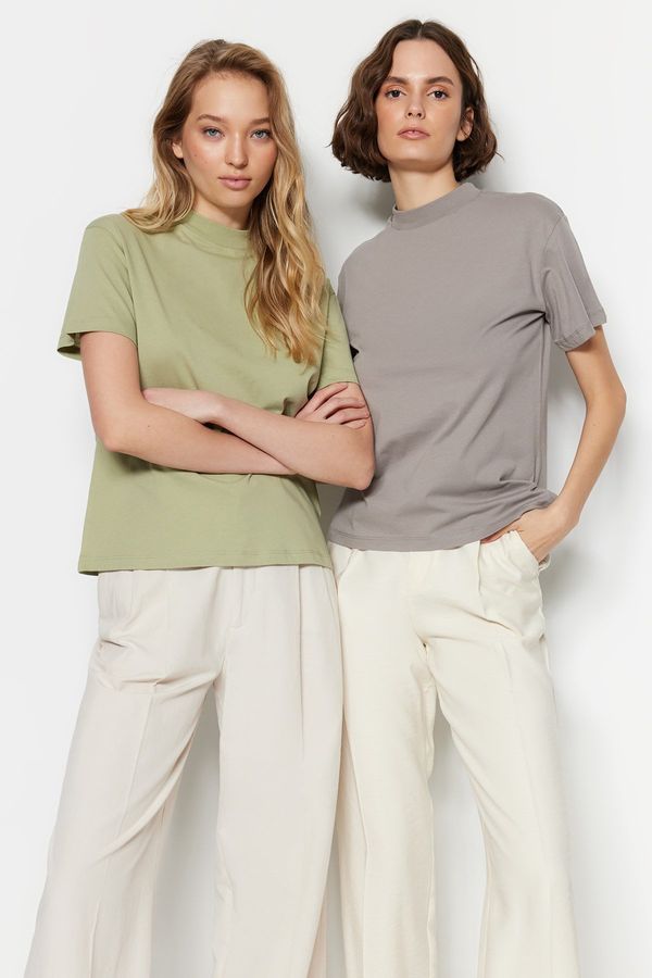 Trendyol Trendyol Oil Green-Grey 2-Pack 100% Cotton Basic Stand Up Collar Knitted T-Shirt