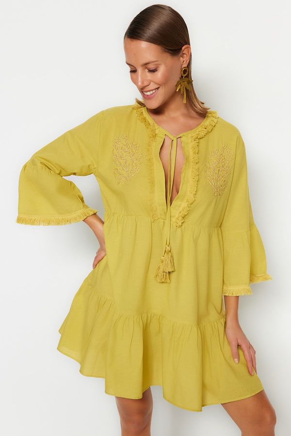 Trendyol Trendyol Oil Green Mini Woven Embroidered 100% Cotton Beach Dress