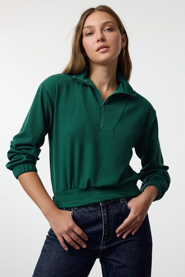 Trendyol Trendyol Oil Stand Collar Zippered Crop Knit Sweatshirt