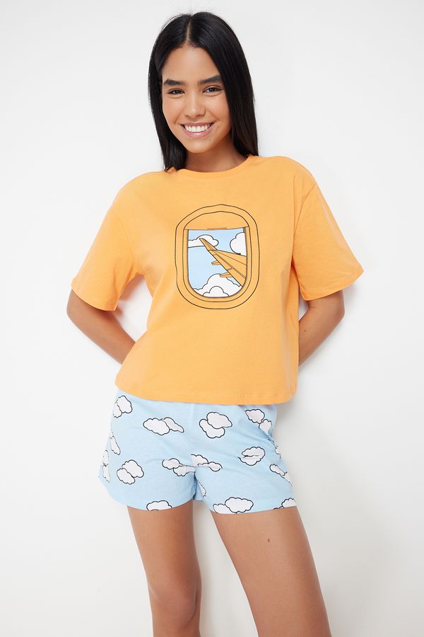Trendyol Trendyol Orange 100% Cotton Cloud Patterned Tshirt-Shorts Knitted Pajama Set