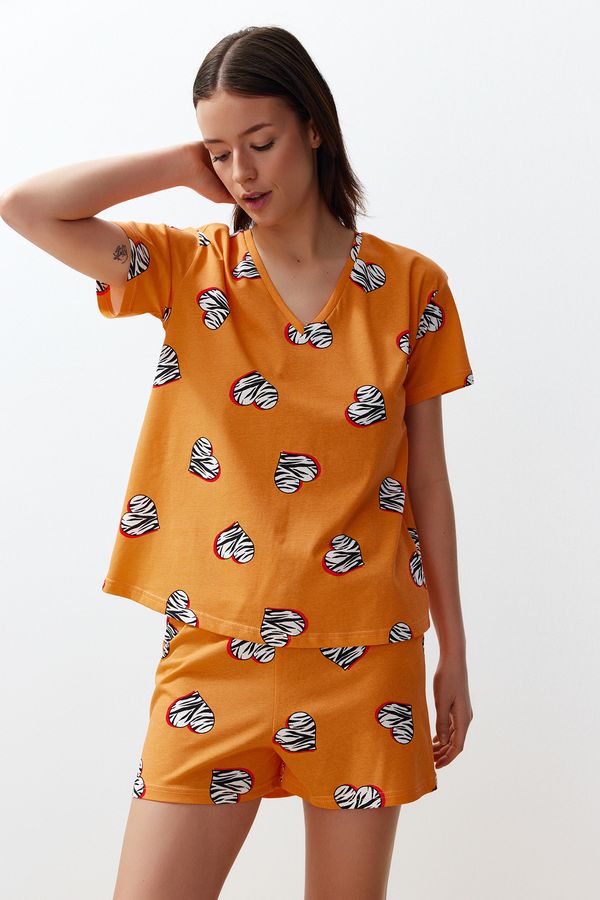 Trendyol Trendyol Orange 100% Cotton Heart Knitted Pajamas Set