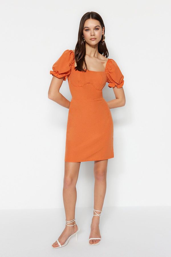 Trendyol Trendyol Orange A-Cut Balloon Sleeve Linen Look Mini Woven Dress