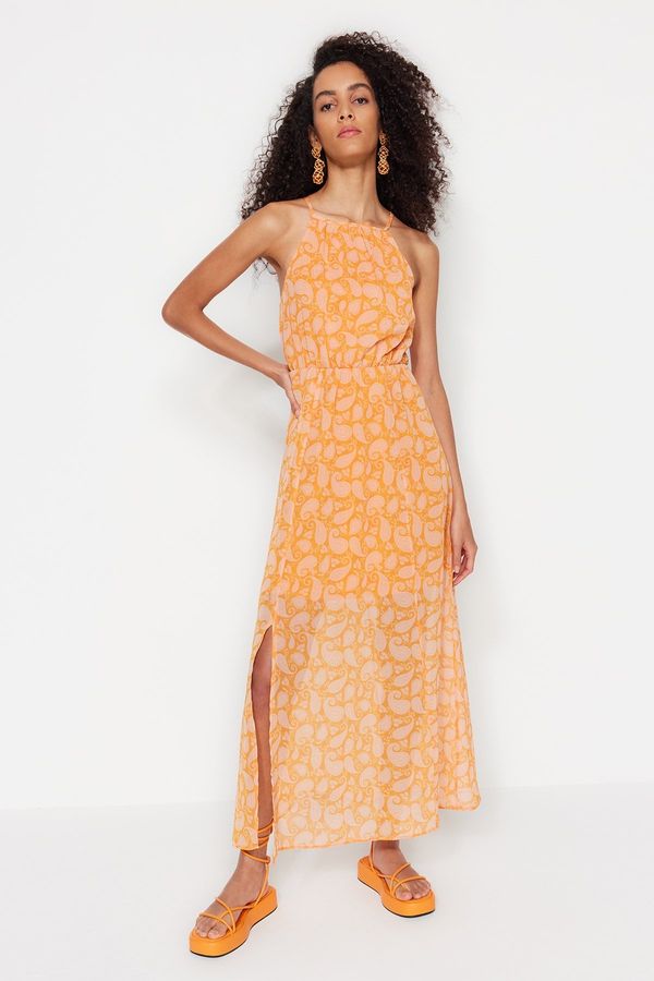 Trendyol Trendyol Orange A-Line Maxi Woven Lined Slit Floral Pattern Woven Dress