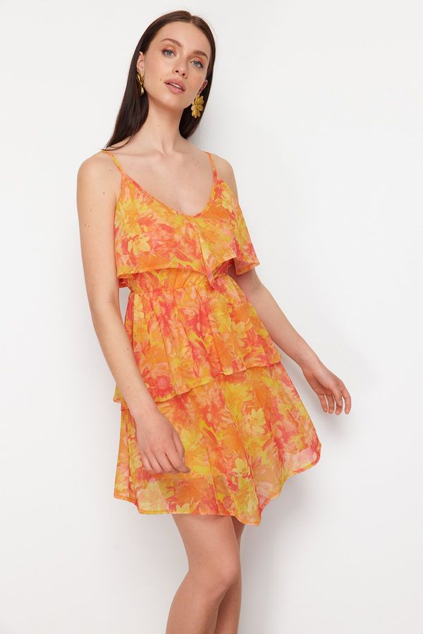 Trendyol Trendyol Orange Animal Skirt Ruffled Floral Printed Tulle Skirt with Ruffle Straps