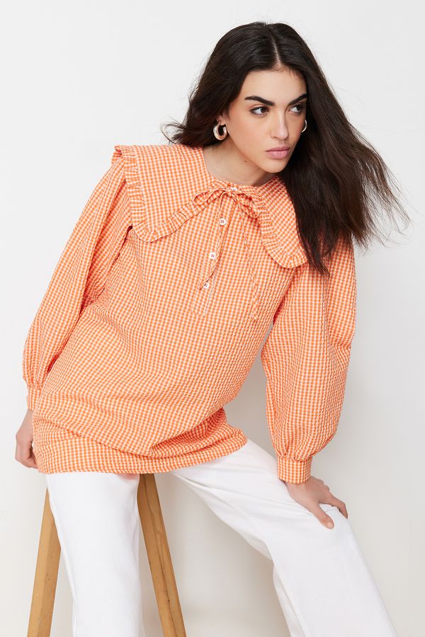 Trendyol Trendyol Orange Baby Collar Gingham Patterned Woven Tunic