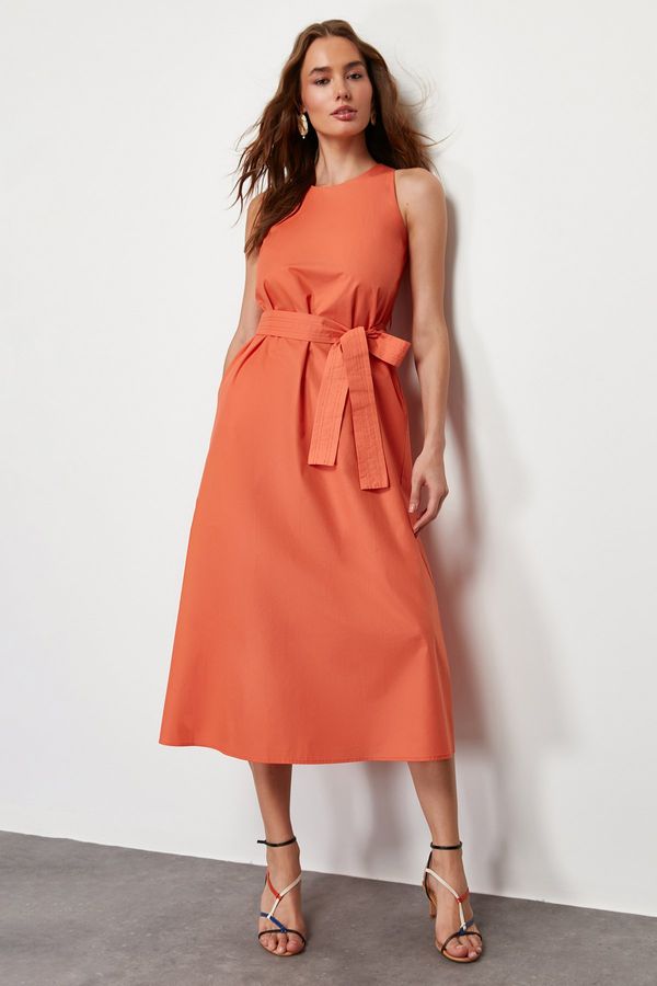 Trendyol Trendyol Orange Belted 100% Cotton Poplin Pocket Midi Woven Dress