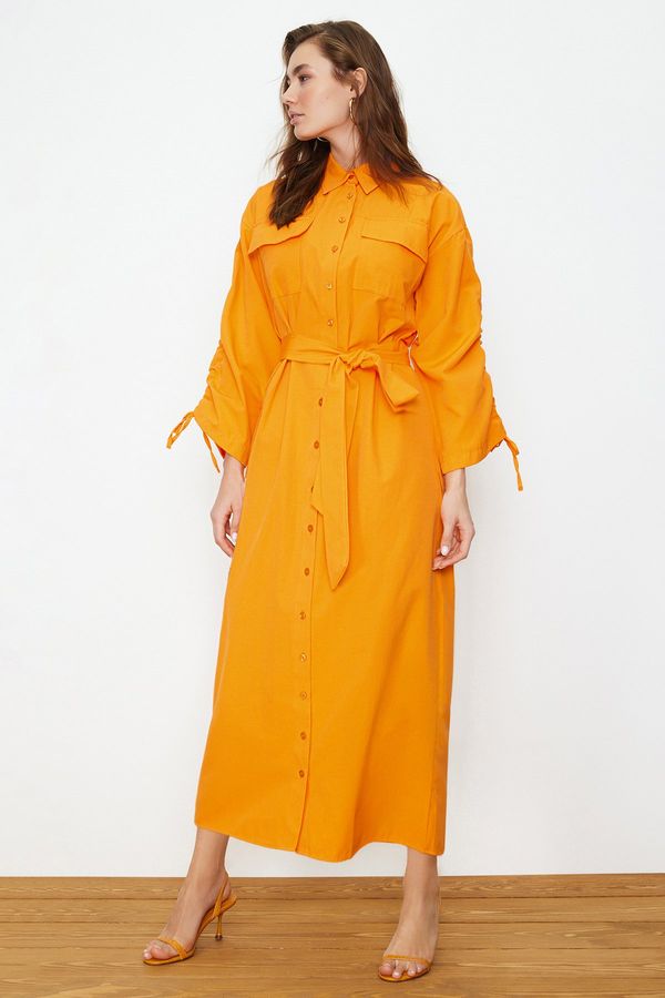 Trendyol Trendyol Orange Belted Sleeves Adjustable Detailed Buttoned Cotton Woven Shirt Dress