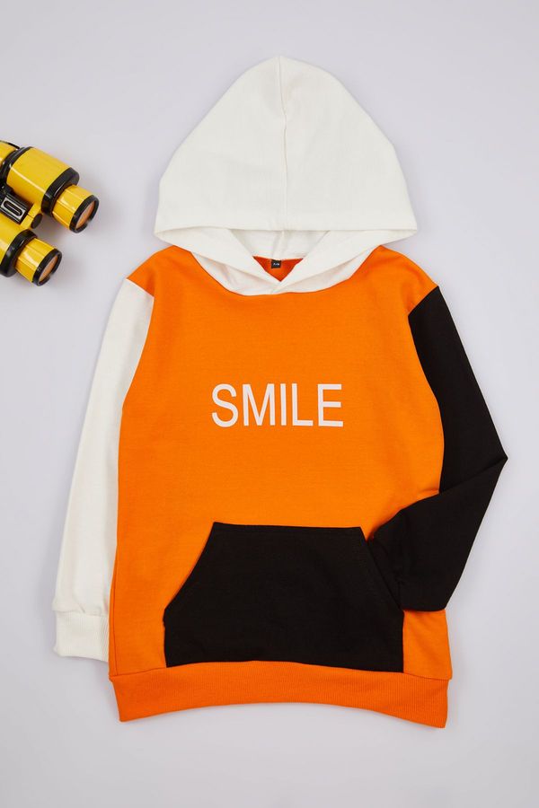 Trendyol Trendyol Orange Boy's Hooded Color Block Cotton Knit Sweatshirt