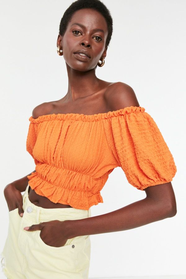 Trendyol Trendyol Orange Carmen Collar Wrap Crop Knitted Blouse