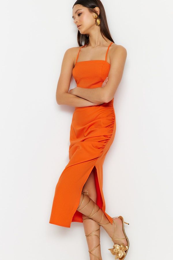 Trendyol Trendyol Orange Draped Detailed Midi Evening Dress.