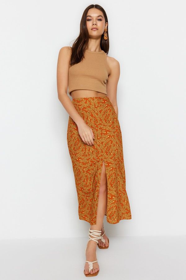 Trendyol Trendyol Orange Ethnic Patterned Slit Detailed Midi Woven Skirt