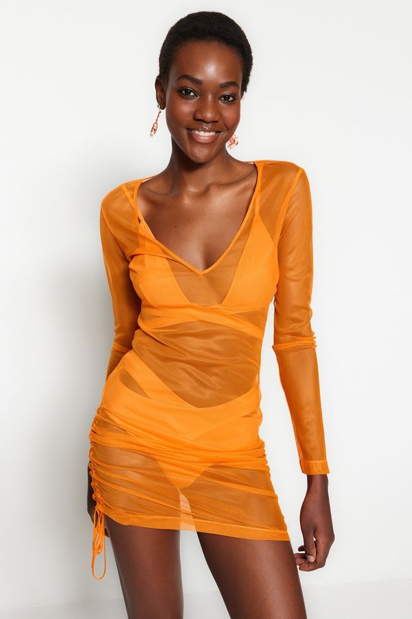 Trendyol Trendyol Orange Fitted Mini Woven Gathered Mesh Beach Dress