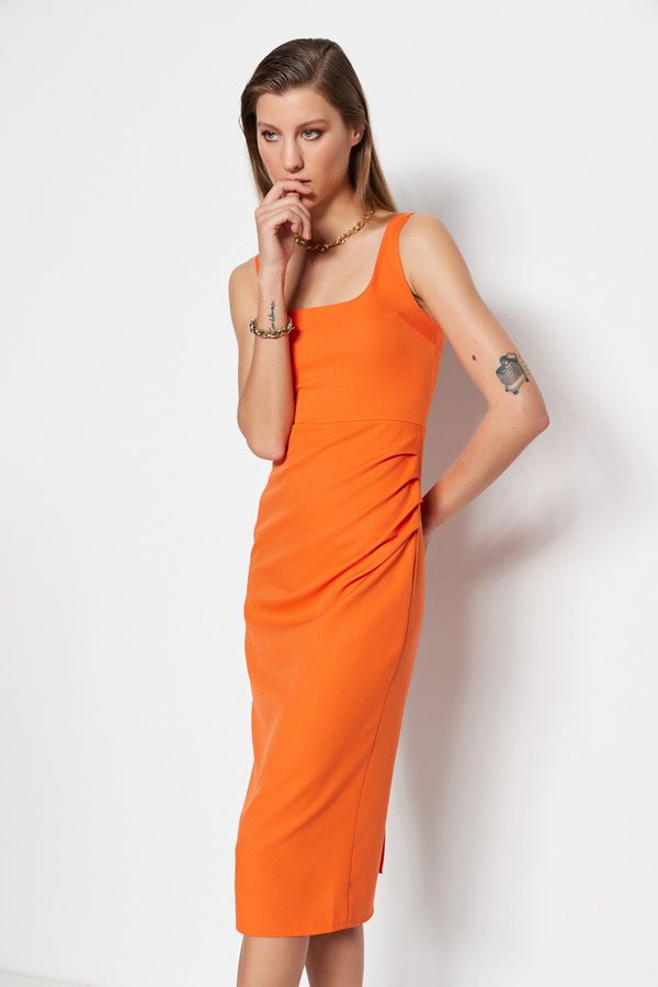 Trendyol Trendyol Orange Fitted/Fitted Square Collar Midi Woven Dress