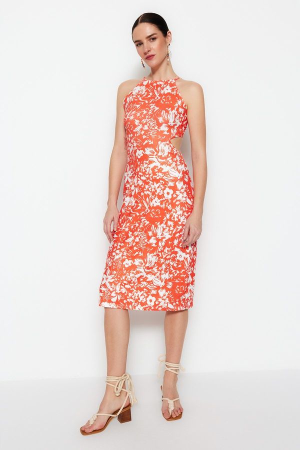 Trendyol Trendyol Orange Floral Pattern Back Detailed, Flexible Midi Knitted Dress