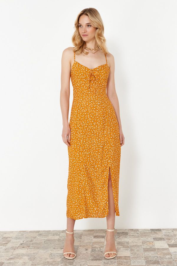 Trendyol Trendyol Orange Floral Patterned Straight Cut Slit Detail Viscose Midi Woven Dress