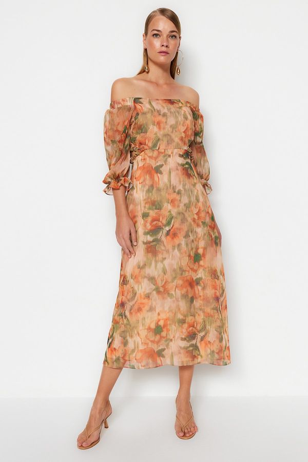 Trendyol Trendyol Orange Floral Print A-line Carmen Collar Chiffon Lined Maxi Woven Dress