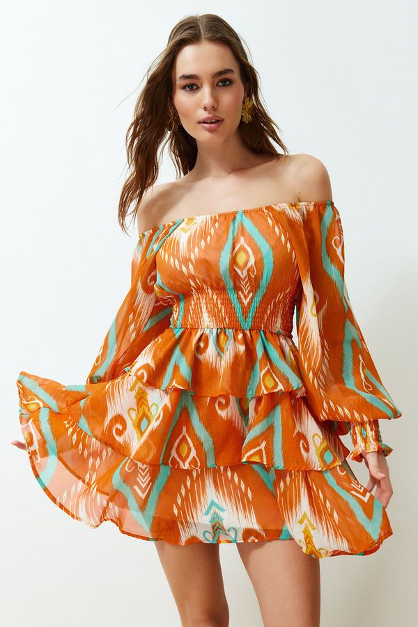 Trendyol Trendyol Orange Floral Skater Carmen Neckline Chiffon Lined Mini Woven Dress