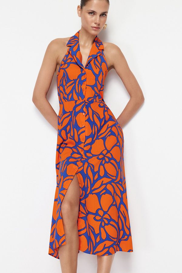 Trendyol Trendyol Orange Floral Viscose Midi Woven Dress with Shirt Collar