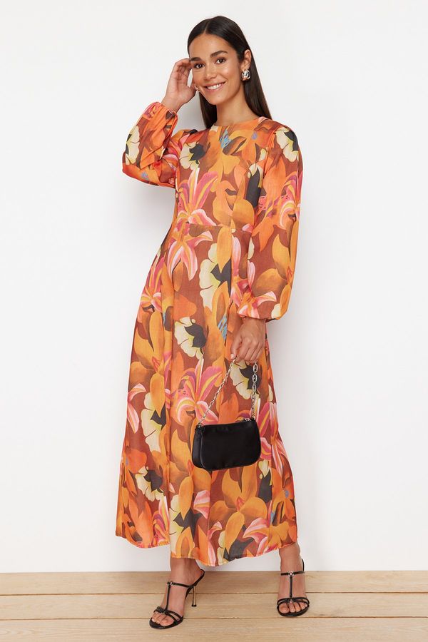 Trendyol Trendyol Orange Flower Patterned Woven Linen Look Dress