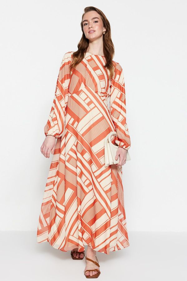 Trendyol Trendyol Orange Geometric Pattern Lined Woven Chiffon Dress
