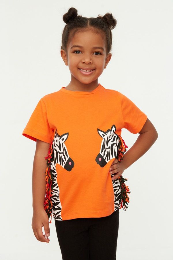 Trendyol Trendyol Orange Girl Tassel Zebra Patterned Crew Neck Cotton Knitted T-Shirt