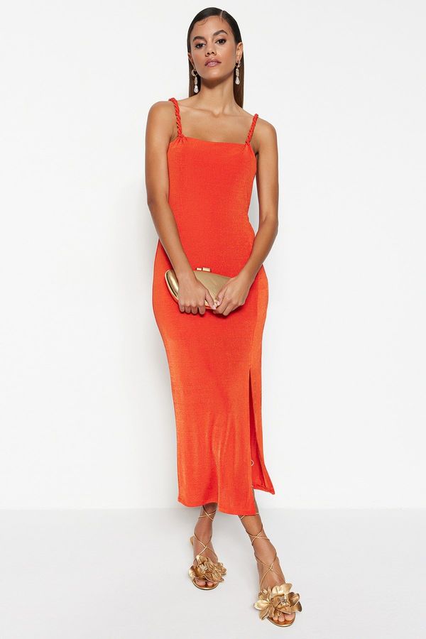 Trendyol Trendyol Orange Lined Knitted Shiny Elegant Evening Dress