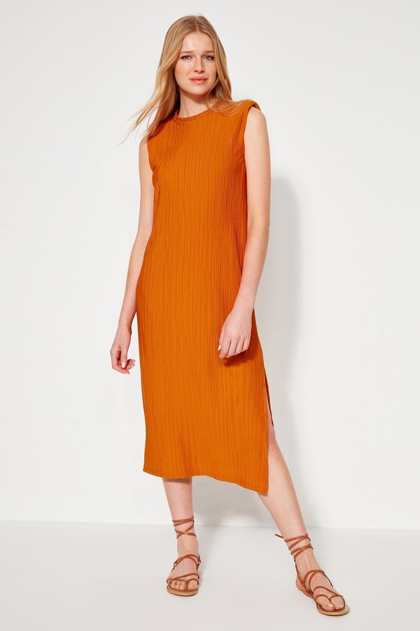Trendyol Trendyol Orange Padded Shift/Plain Pleated Midi Knitted Dress