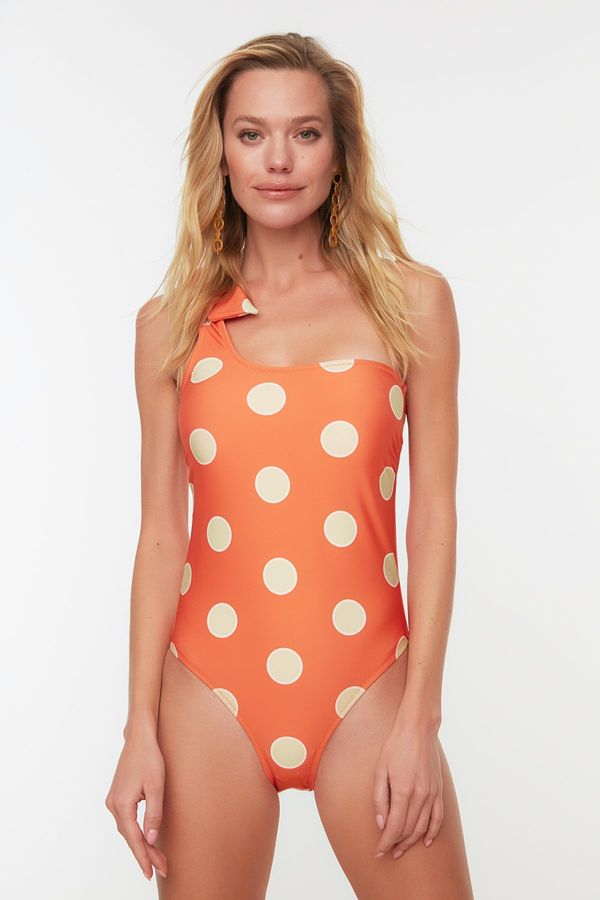 Trendyol Trendyol Orange Polka Dot Patterned One-Shoulder Swimsuit