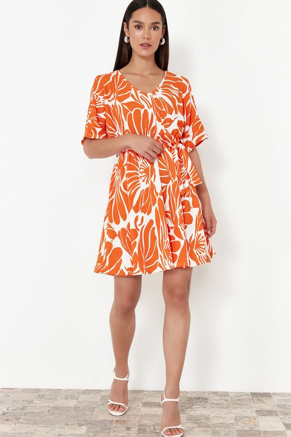 Trendyol Trendyol Orange Printed Pool Neck Belted Relaxed Cut Flexible Midi Knitted Dress