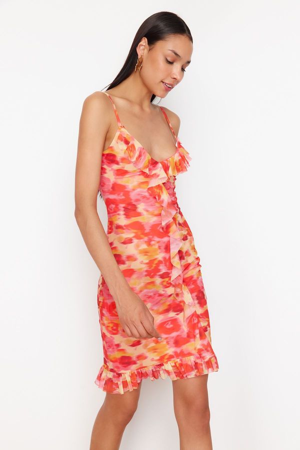 Trendyol Trendyol Orange Printed Ruffle Detailed Strappy Body Fitted Flexible Knitted Mini Pencil Dress